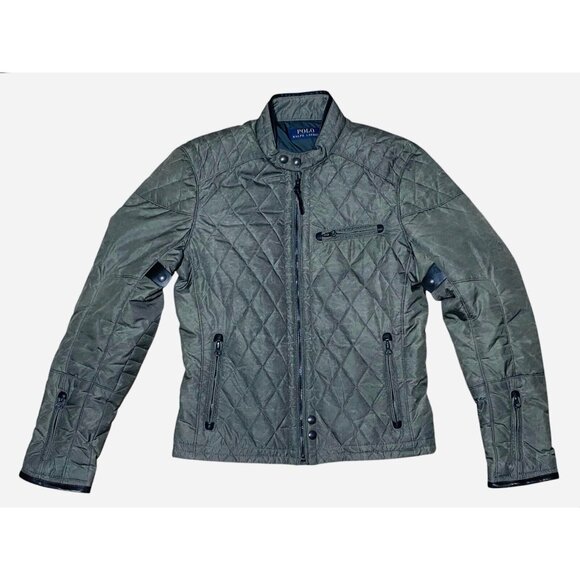Polo Ralph Lauren Quilted Moto Cafe Racer Leather Trim Jacket Rare SMALL Gray